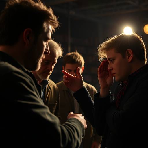 Actors intensely rehearsing a dramatic scene.